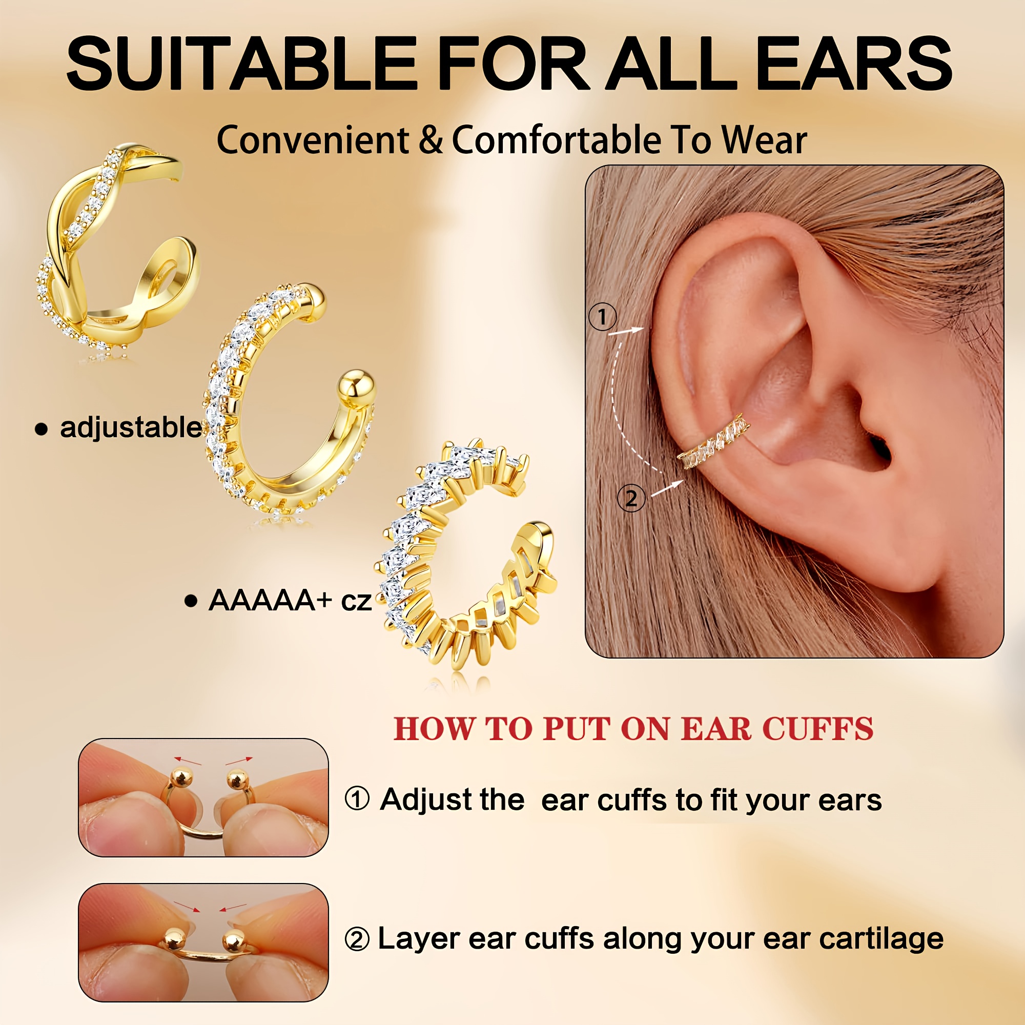Women's Golden Plated Clip-On Ear Cuffs, Non-Piercing